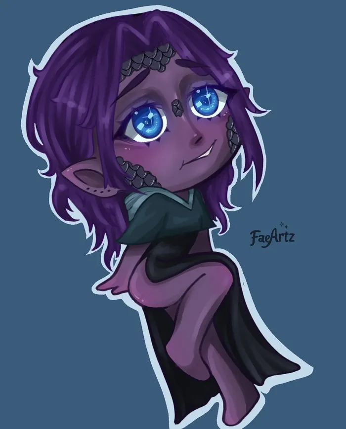 Chibi-Elfe mit lila Haar, blauen Augen und Schuppen am Gesicht